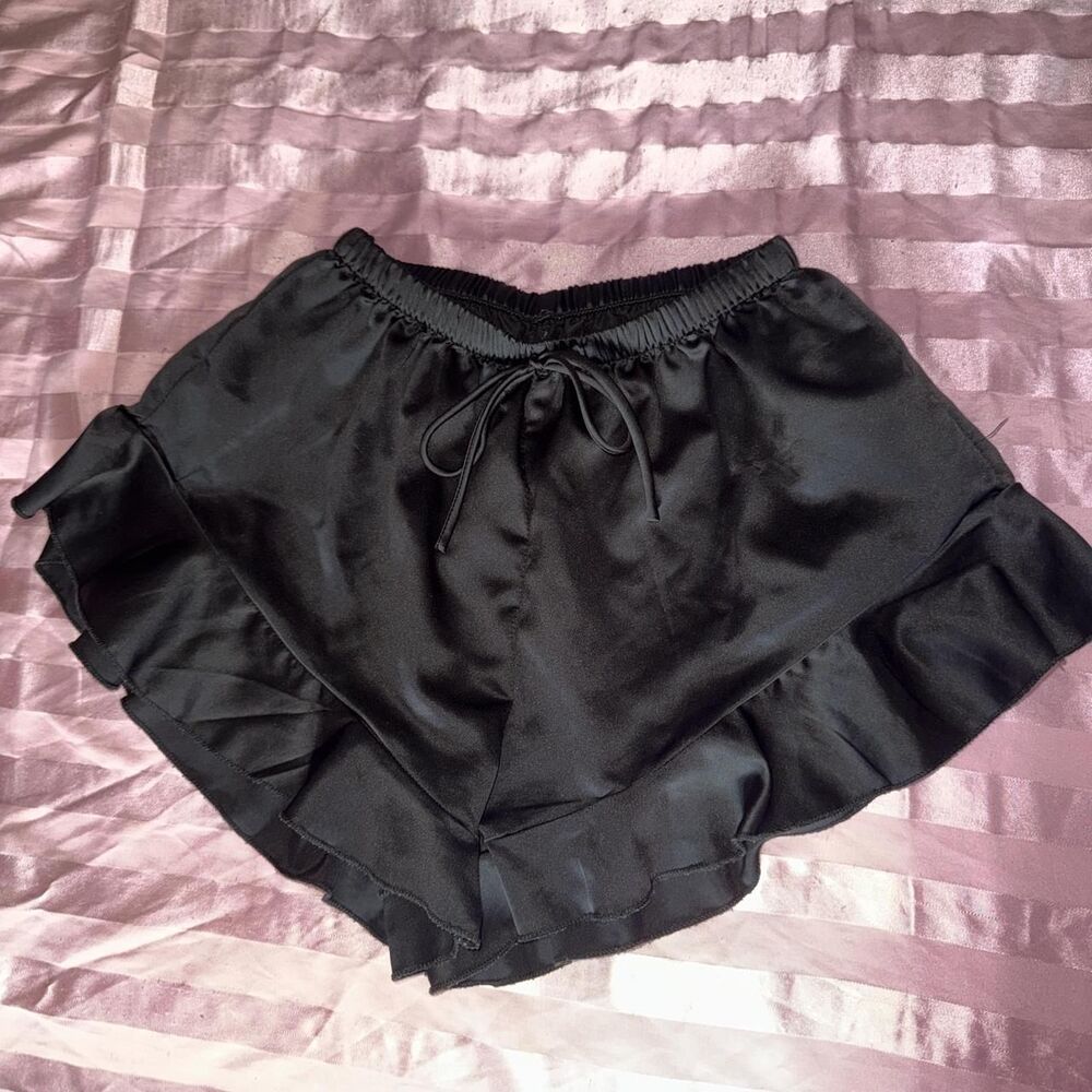 Black Satin Ruffle PJ Shorts - Picture 2 of 3